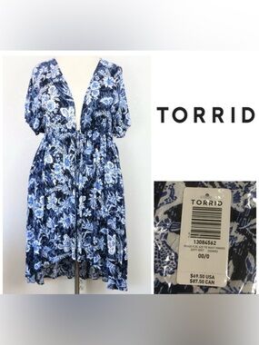 🆕TORRID - 00/0X M/L - NWT FLORAL BLUE WHITE MAXI HI-LO KIMONO CARDIGAN / KAFTAN